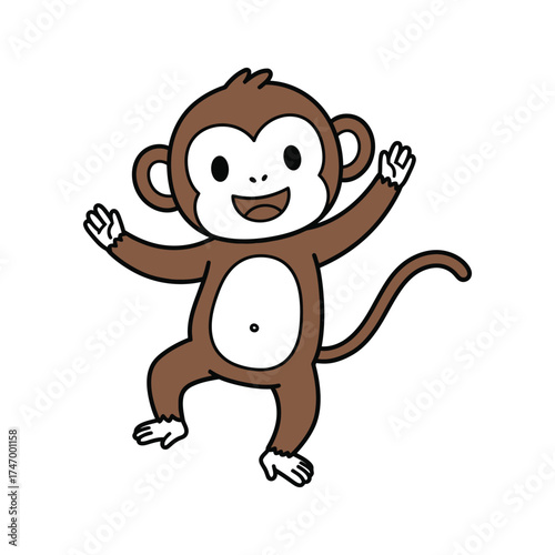 A cheerful cartoon monkey with big eyes and a wide smile joyfully dancing with arms raised against a white background