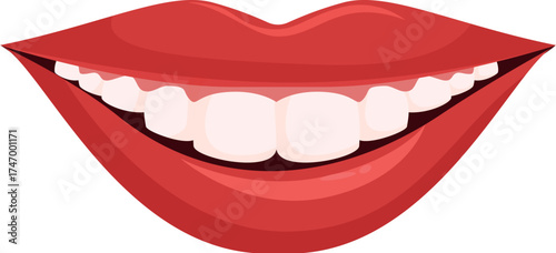 Smiling woman shows perfect white teeth and red lips, representing dental health, beauty, and cosmetics