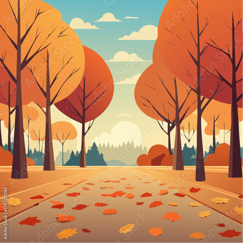 Autumn road through trees with fallen leaves