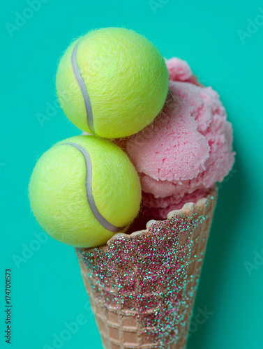 Minimalist concept of two tennis balls styled like scoops of ice cream in a glittery waffle cone against a turquoise background. Surreal sports and food mashup with playful pop art flair.