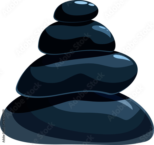 Four smooth, dark stones balancing on top of each other, symbolizing peace and tranquility