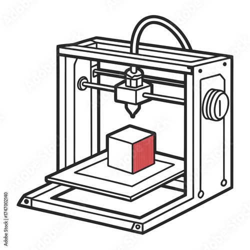 3d printer creating a red striped cube printing manufacturing