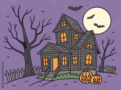 Spooky Haunted House Scene with Pumpkins Bats Moon and Bare Trees on Halloween