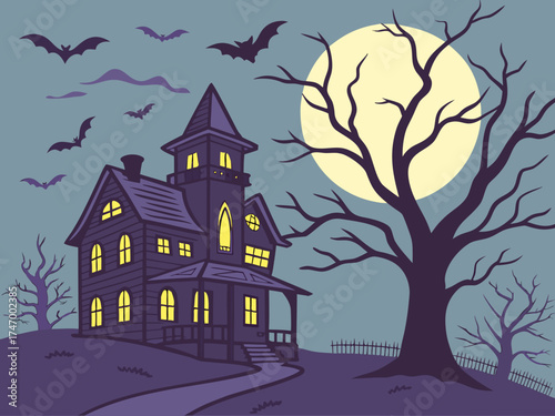 Spooky Haunted House on a Hill with Bats Trees and a Full Moon