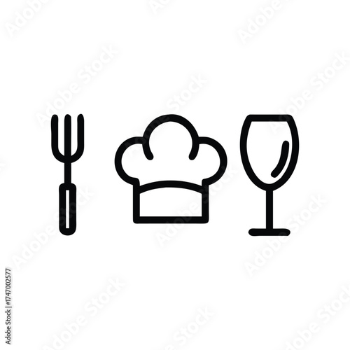Chef hat, fork and wine glass isolated on white background