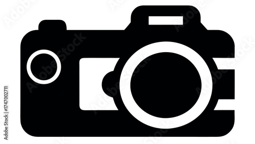 Black camera silhouette on white background graphic
