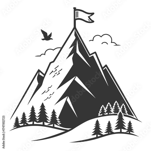 Black and white mountain peak with flag and trees summit