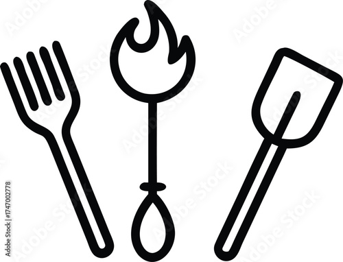 Barbecue tools and flame isolated on white background
