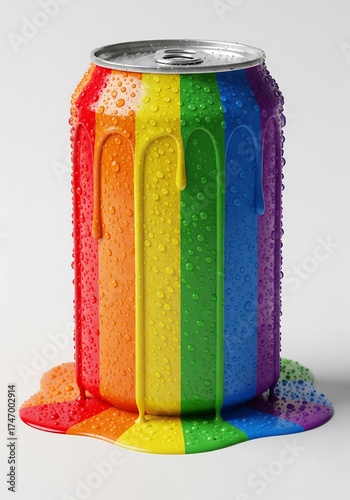 A colorful can with rainbow stripes and water droplets against a light gray background.