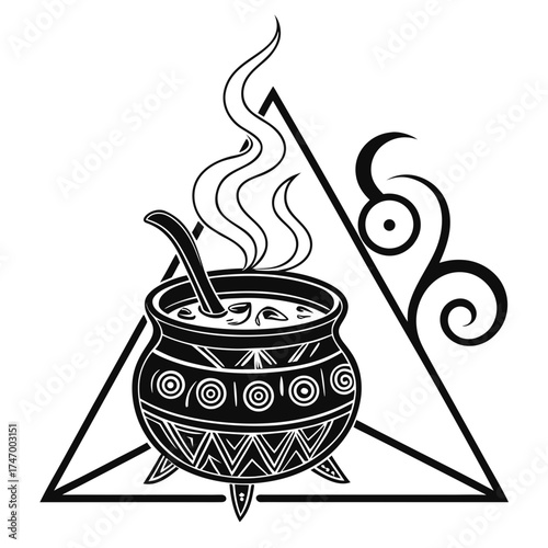 Black and white witch cauldron icon with steam and tribal patterns