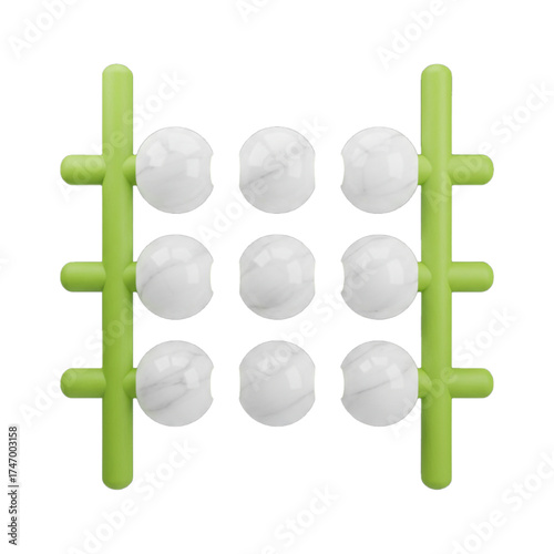 Tic tac toe game with green frame and white balls isolated on transparent background