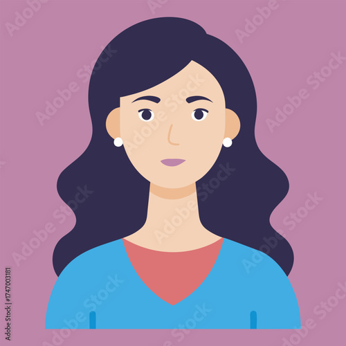 Flat illustration of a young woman with dark hair and red earrings, Flat vector illustration of a woman with dark hair, red lipstick, and red earrings against an orange background.