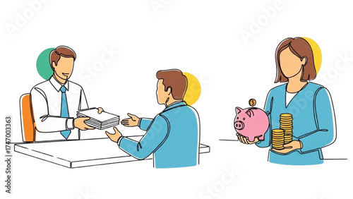 Colorful Continuous Line Drawing of Banker Handing Documents to Client with Piggy Bank and Coins, Symbolizing Trust, Savings, and Financial Services in Clean Vector Style