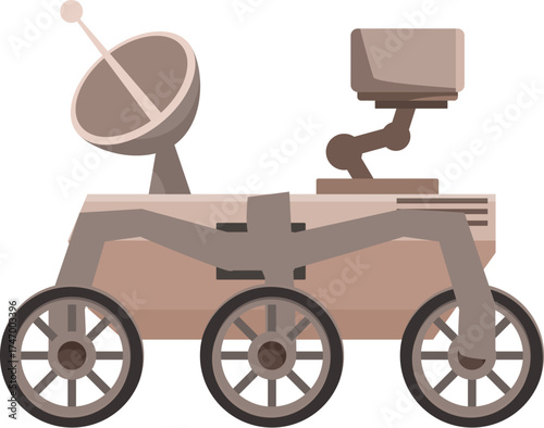 Autonomous robotic vehicle exploring mars, equipped with antenna, camera, and scientific instruments