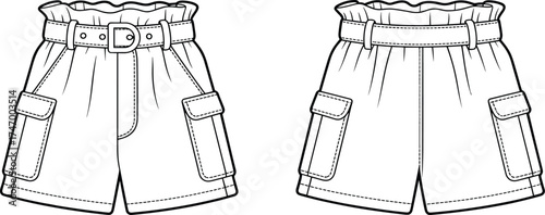 Cargo shorts technical fashion illustration with multiple pockets, waistband and belt details, apparel sketch for clothing design, garment construction, textile catalog