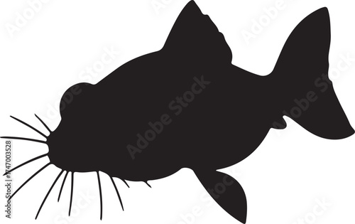 The silhouette vector art drawing shows a cute black and white fish character