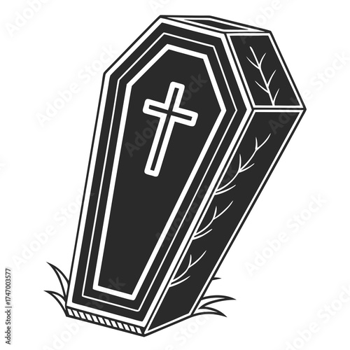 Black coffin icon with white cross and leaf design