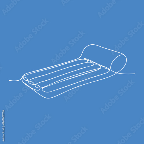 Minimalist white line drawing of a modern inflatable air mattress with a pillow on a solid blue