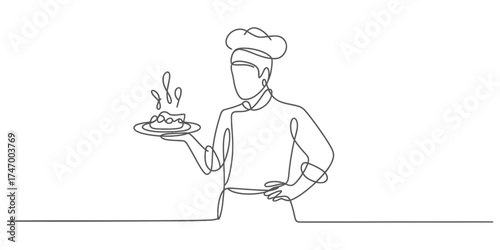 Continuous one line drawing of a chef presenting a culinary creation vector