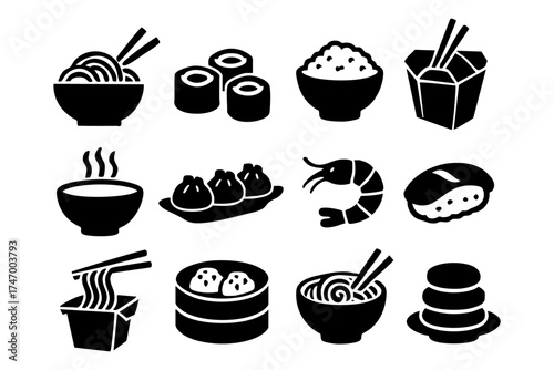 Asian food icon set – sushi, noodles, rice, traditional cuisine symbols