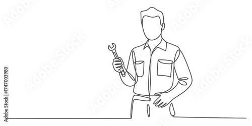 Continuous line drawing of a worker holding a tool with a sense of purpose vector