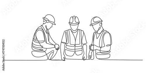 Minimalist continuous line drawing of construction workers discussing plans vector