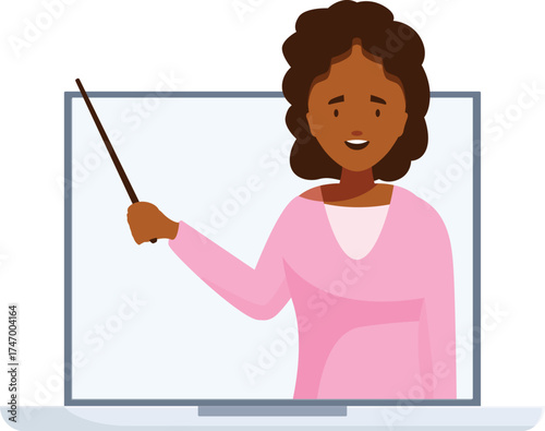 Online education concept with smiling teacher using laptop and pointing with stick during online lesson