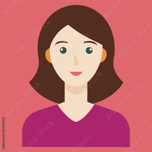Flat illustration of a young woman with dark hair and red earrings, Flat vector illustration of a woman with dark hair, red lipstick, and red earrings against an orange background.