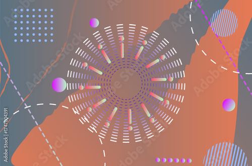 Vibrant geometric abstract background with gradients, circles, dots, and dashed lines