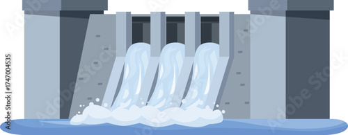 Water flowing through hydroelectric dam, generating renewable energy