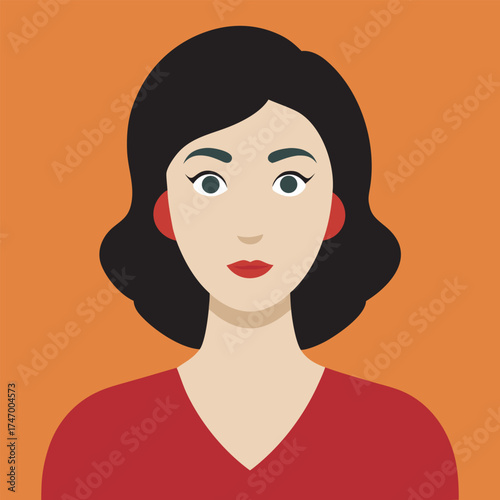 Flat illustration of a young woman with dark hair and red earrings, Flat vector illustration of a woman with dark hair, red lipstick, and red earrings against an orange background.