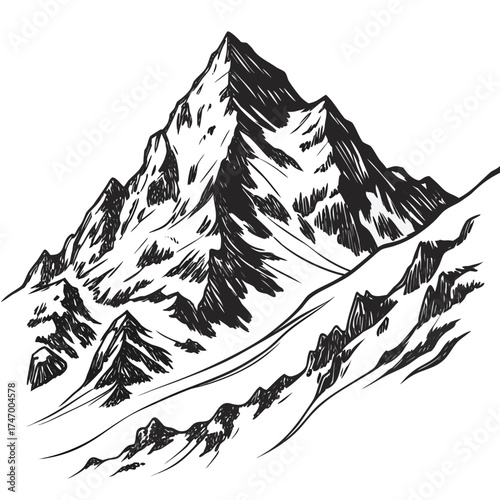 Black ink sketch of a jagged mountain peak drawing