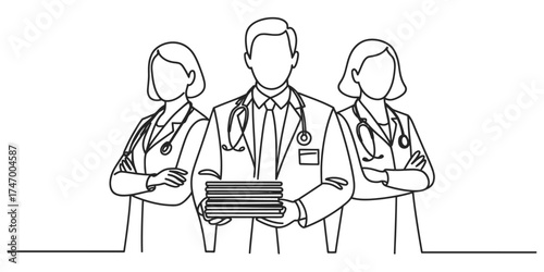 Minimalist continuous line drawing of three medical professionals with stethoscopes vector