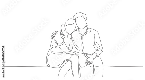 Abstract continuous line drawing of a couple embracing sitting together vector