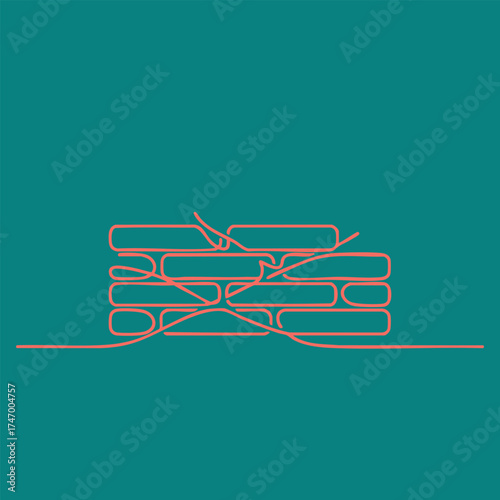 Minimalist continuous line drawing of a brick wall with mortar lines on a solid teal