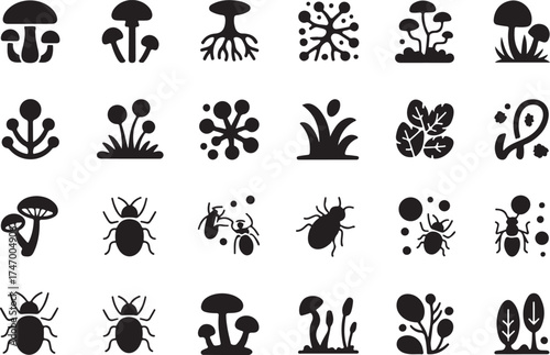 Black and white icon set of mushrooms plants insects and microscopic elements
