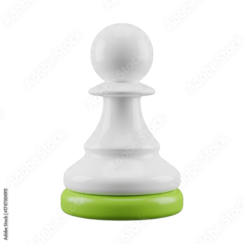 White chess pawn with green base isolated on transparent background, studio shot
