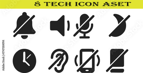 Collection of 8 essential tech and notification icons for general use and digital interfaces