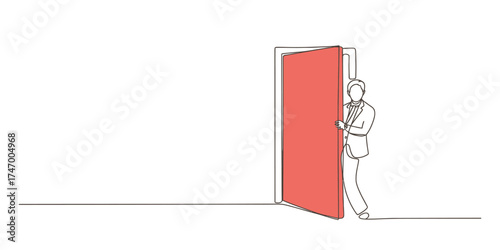 A person peeking through an open door in a continuous one line drawing style vector