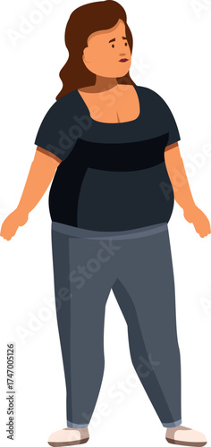 Overweight woman feeling insecure about her appearance, facing challenges of obesity and societal pressure