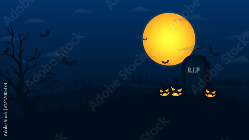 Spooky Halloween night featuring a bright full moon over a dark graveyard with tombstones, glowing pumpkins vector illustration.