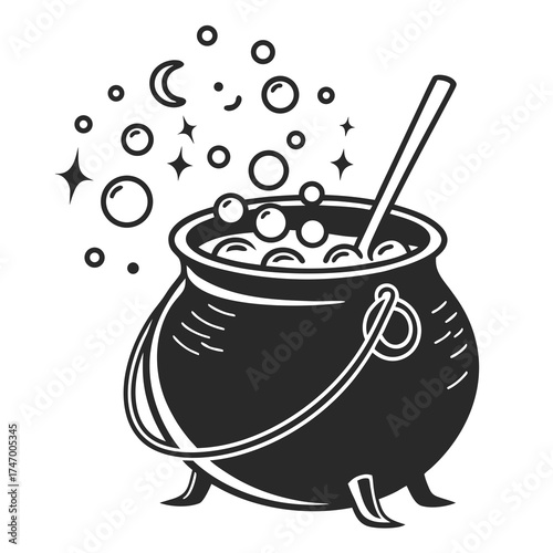 Black silhouette of a bubbling cauldron with potion and stars