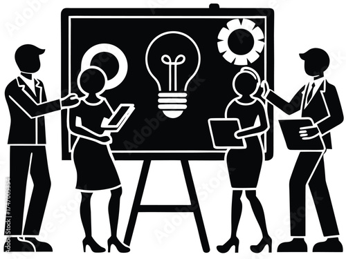 Vector art of business team brainstorming ideas on whiteboard
