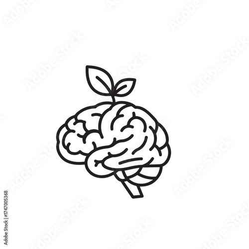 Vector art of stylized line art icon of a human brain with a small sprout growing from the top, symbolizing growth, learning, and new ideas