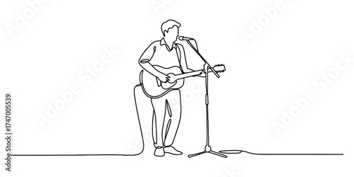 Elegant continuous line drawing of a musician playing guitar and singing into a microphone vector
