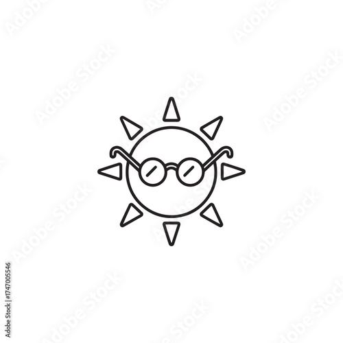 Vector art of minimalist line art icon of a smiling sun wearing sunglasses, representing warmth, happiness, summer, and a cool, relaxed attitude