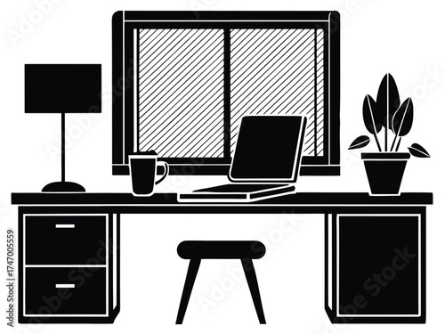 Vector art of home office desk with laptop, lamp, and plant