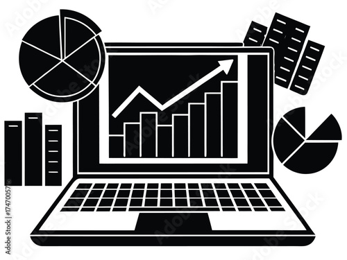 Vector art of laptop displaying financial data and charts