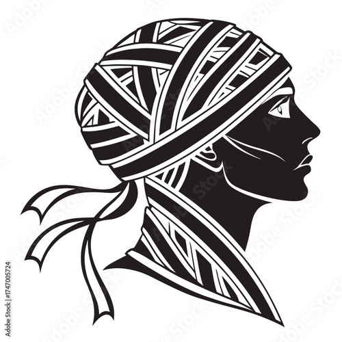 Black silhouette of a mummy head with bandages icon
