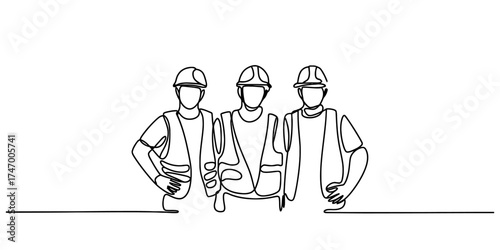 Continuous line art sketch of three construction workers standing together in safety gear vector